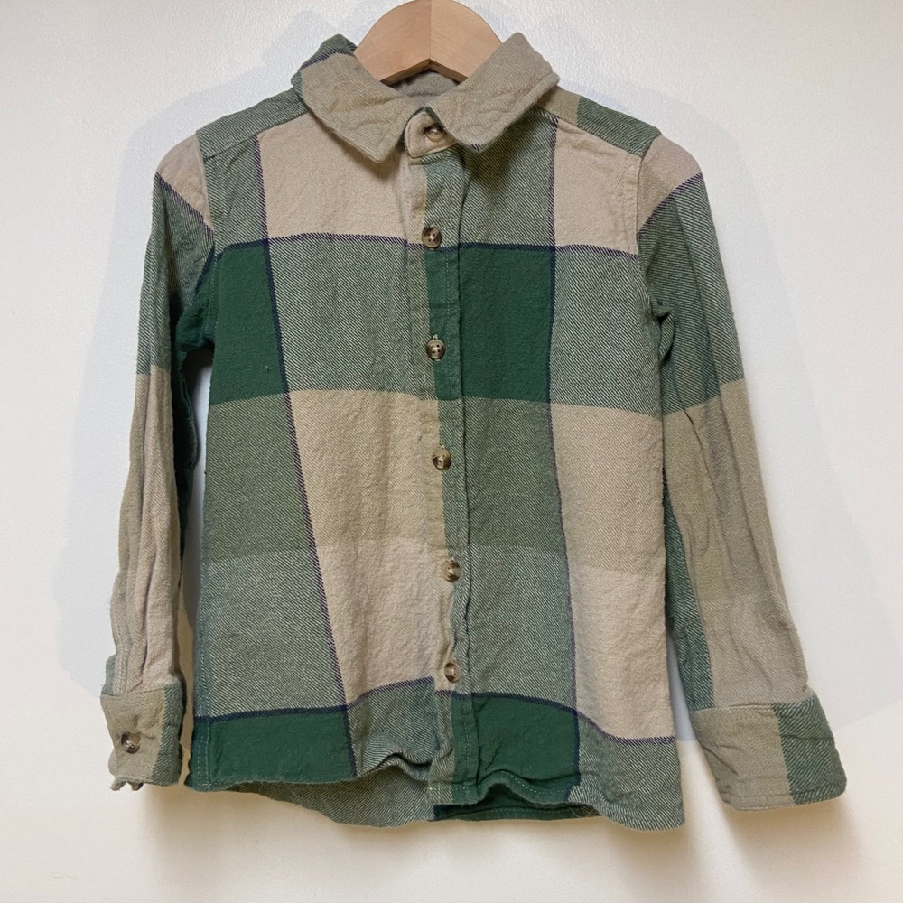 Tommy Bahama Flannel Shirt Boys Size 3/4 Green Beige Plaid Button Down Cotton